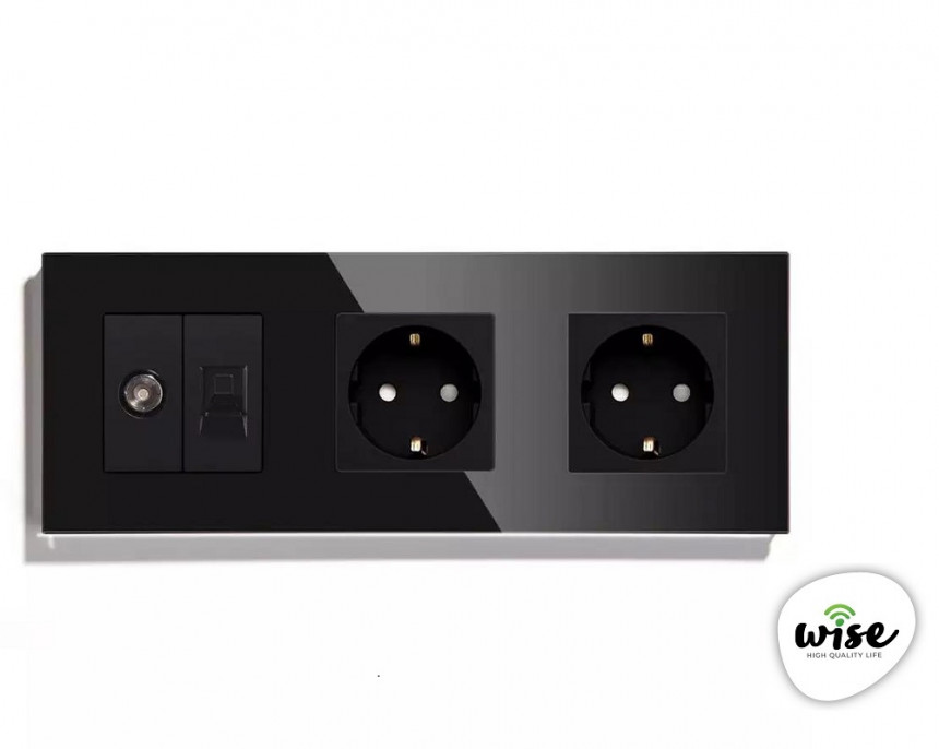 Wise Utičnica modularna antenska TV, mrežna utičnica, dupla utičnica 16A - stakleni panel crni